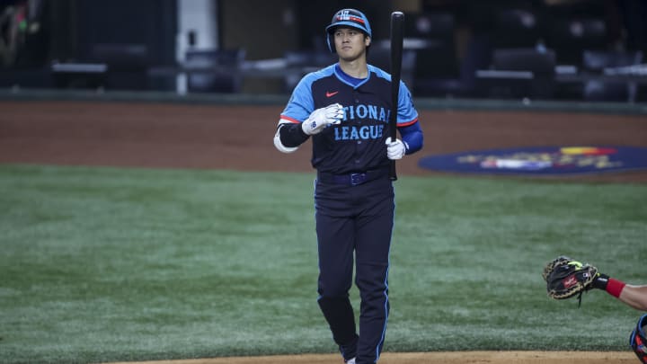 Jul 16, 2024; Arlington, Texas, USA; National League designated hitter Shohei Ohtani of the Los Angeles Dodgers (17) jogs up to the plate during the first inning during the 2024 MLB All-Star game at Globe Life Field. Mandatory Credit: Tim Heitman-USA TODAY Sports