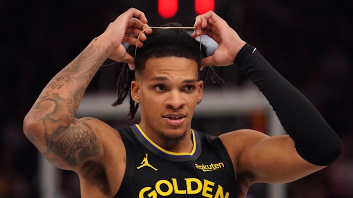 Nov 26, 2025; San Francisco, California, USA;  Golden State Warriors guard Will Richard (3) waits for play to resume against the Houston Rockets in the second quarter at Chase Center. Mandatory Credit: David Gonzales-Imagn Images