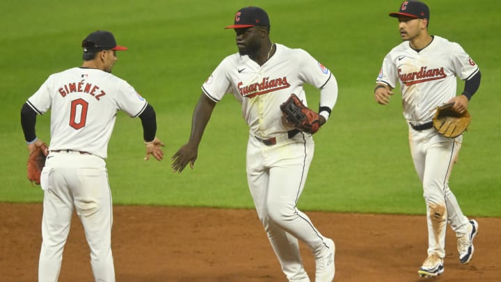 Aug 12, 2024; Cleveland, Ohio, USA; The Cleveland Guardians celebrate a win over the Chicago Cubs at Progressive Field. Mandatory Credit: David Richard-USA TODAY Sports