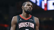 Nov 21, 2025; Houston, Texas, USA; Houston Rockets forward Kevin Durant (7) reacts after a play during the fourth quarter against the Denver Nuggets at Toyota Center. Mandatory Credit: Troy Taormina-Imagn Images