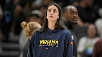 Aug 1, 2025; Dallas, Texas, USA; Indiana Fever guard Caitlin Clark (22) during the game between the Dallas Wings and the Indiana Fever at the American Airlines Center. Mandatory Credit: Jerome Miron-Imagn Images
