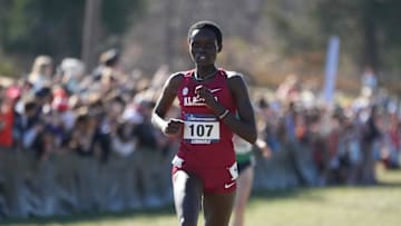 Nov 18, 2023; Charlottesville, VA, USA; Doris Lemngole of Alabama places second in the women's race in 19:05.7 during the NCAA cross country championships at Panorama Farms. Mandatory Credit: Kirby Lee-Imagn Images
