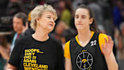 Lisa Bluder and Caitlin Clark talk during practice for the NCAA women's college basketball championship game between Iowa and South Carolina on April 6, 2024.