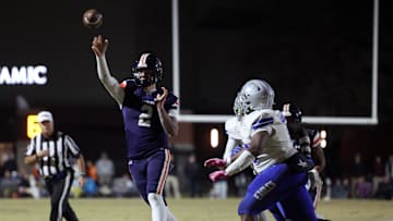 Nashville Christian's Jared Curtis (2) throws the ball past Jackson Christian's Jeremiah Jenkins (79) during their game at Nashville Christian School Friday, Nov. 14, 2021.