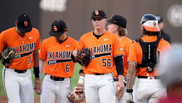Oklahoma State pitcher Kyle Bade (56) stands on the mound before being replaced in the fifth inning of a college Bedlam baseball game between the University of Oklahoma Sooners (OU) and the Oklahoma State University Cowboys (OSU) at O'Brate Stadium in Stillwater, Okla., Tuesday, April 15, 2025.