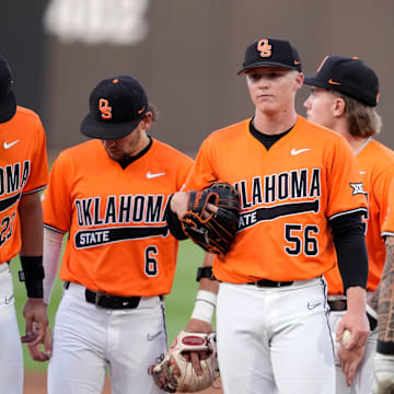 Oklahoma State pitcher Kyle Bade (56) stands on the mound before being replaced in the fifth inning of a college Bedlam baseball game between the University of Oklahoma Sooners (OU) and the Oklahoma State University Cowboys (OSU) at O'Brate Stadium in Stillwater, Okla., Tuesday, April 15, 2025.