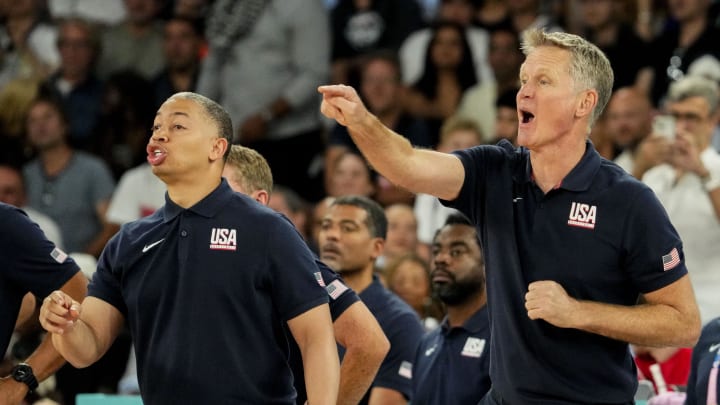 Aug 10, 2024; Paris, France; United States head coach Steve Kerr in the men's basketball gold medal game during the Paris 2024 Olympic Summer Games at Accor Arena. 