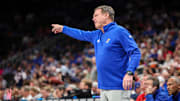 Mar 13, 2025; Kansas City, MO, USA; Kansas Jayhawks coach Bill Self reacts to game play during the second half against the Arizona Wildcats at T-Mobile Center. Mandatory Credit: William Purnell-Imagn Images