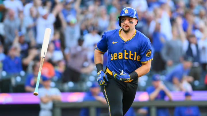 Mariners catcher Cal Raleigh runs the bases after hitting a two-run home run against the New York Mets at T-Mobile Park. 