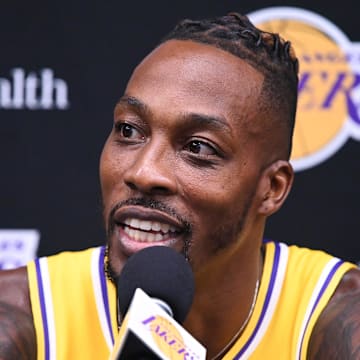 Sep 27, 2019; Los Angeles, CA, USA; Los Angeles Lakers center Dwight Howard answers a question during the Lakers media day at the UCLA Health Training Center in El Segundo, CA. Mandatory Credit: Robert Hanashiro-Imagn Images