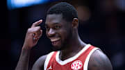 Oklahoma Sooners guard Duke Miles reacts to his late-game play against the Georgia Bulldogs.