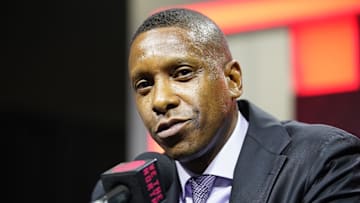 Sep 30, 2024; Toronto, Ontario, Canada; Toronto Raptors vice chairman and team president Masai Ujiri  talks to the media during media day at Scotiabank Area. Mandatory Credit: John E. Sokolowski-Imagn Images