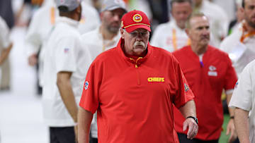 Feb 9, 2025; New Orleans, LA, USA; Kansas City Chiefs head coach Andy Reid on the sideline before Super Bowl LIX between the Philadelphia Eagles and the Kansas City Chiefs at Caesars Superdome. Mandatory Credit: Bill Streicher-Imagn Images