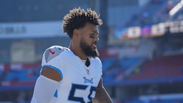 Oct 20, 2024; Orchard Park, New York, USA; Tennessee Titans linebacker Harold Landry III (58) prior to the game at Highmark Stadium. Mandatory Credit: Gregory Fisher-Imagn Images