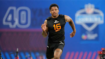 Mar 1, 2025; Indianapolis, IN, USA; Texas wideout Matthew Golden (WO16) during the 2025 NFL Combine at Lucas Oil Stadium. Mandatory Credit: Kirby Lee-Imagn Images