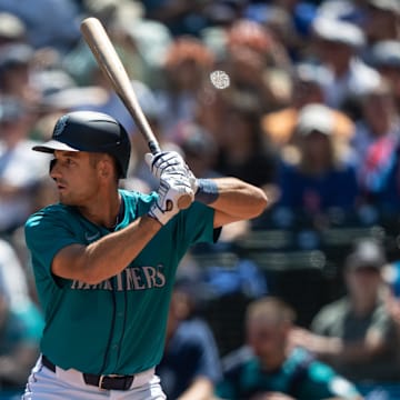 Seattle Mariners designated hitter Jason Vosler (35) waits for a pitch during an at-bat against the Los Angeles Angels at T-Mobile Park on July 24.