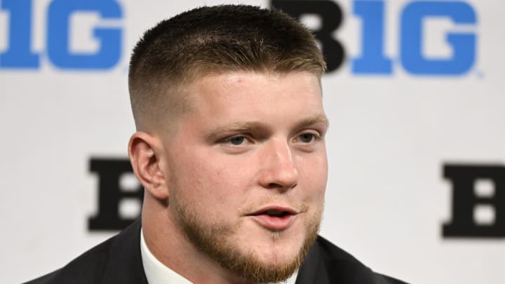 Jul 23, 2024; Indianapolis, IN, USA; Ohio State Buckeyes defensive end Jack Sawyer speaks to the media during the Big 10 football media day at Lucas Oil Stadium. Mandatory Credit: Robert Goddin-USA TODAY Sports