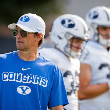 BYU offensive coordinator Aaron Roderick at Fall Camp