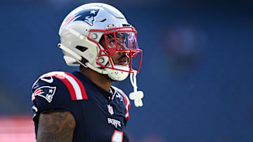 Oct 6, 2024; Foxborough, Massachusetts, USA;  New England Patriots wide receiver Ja'Lynn Polk (1) walks onto the field before a game against the Miami Dolphins at Gillette Stadium. Mandatory Credit: Brian Fluharty-Imagn Images