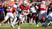 Nov 16, 2024; Stanford, California, USA; Stanford Cardinal running back Cole Tabb (33) runs the ball during the first quarter against the Louisville Cardinals at Stanford Stadium. Mandatory Credit: Bob Kupbens-Imagn Images