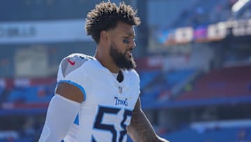 Oct 20, 2024; Orchard Park, New York, USA; Tennessee Titans linebacker Harold Landry III (58) prior to the game at Highmark Stadium. Mandatory Credit: Gregory Fisher-Imagn Images