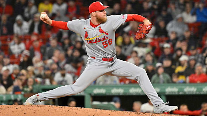 Apr 6, 2025; Boston, Massachusetts, USA; St. Louis Cardinals relief pitcher Chris Roycroft (58) pitches against the Boston Red Sox during the seventh inning at Fenway Park. Mandatory Credit: Eric Canha-Imagn Images