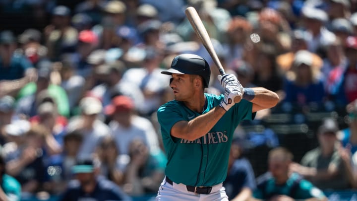 Seattle Mariners designated hitter Jason Vosler waits for a pitch against the Los Angeles Angels on July 24 at T-Mobile Park.