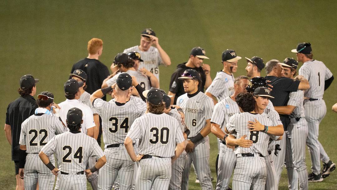 Wake Forest gather in the outfield after the loss to Tennessee in the NCAA college baseball Knoxville Regional final on June 2, 2025, in Knoxville, Tenn.