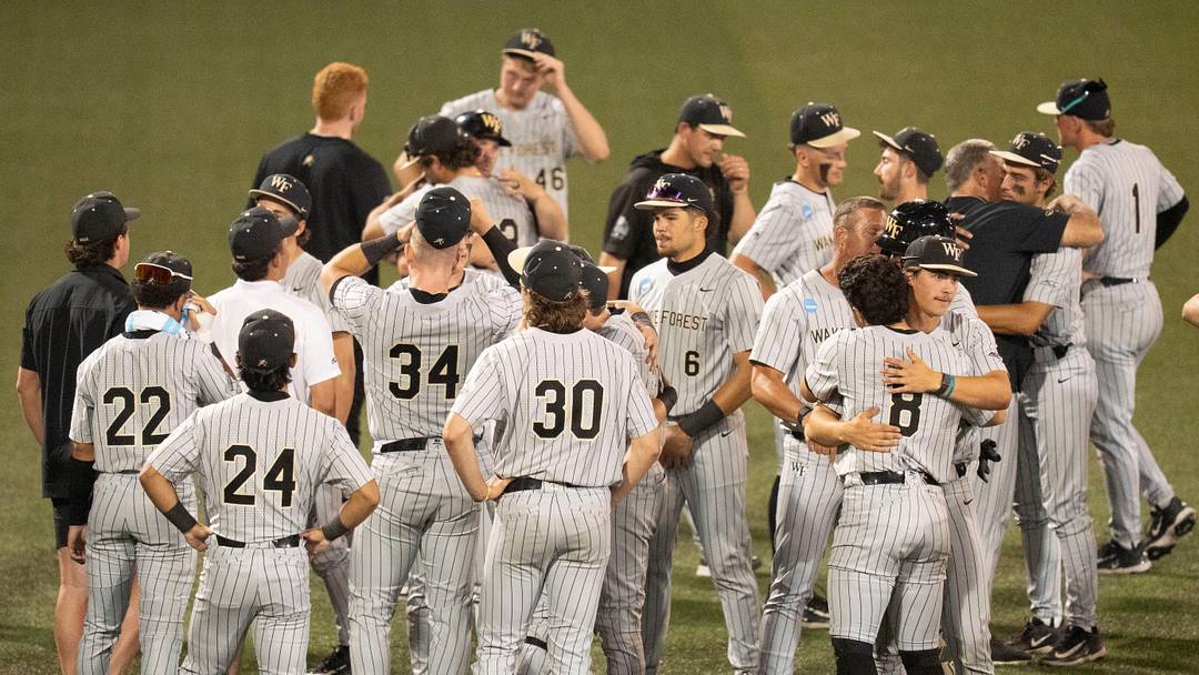 Wake Forest gather in the outfield after the loss to Tennessee in the NCAA college baseball Knoxville Regional final on June 2, 2025, in Knoxville, Tenn. Wake Forest gather in the outfield after the loss to Tennessee in the NCAA college baseball Knoxville Regional final on June 2, 2025, in Knoxville, Tenn.