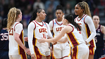 Mar 31, 2025; Spokane, WA, USA; USC Trojans huddle against the UConn Huskies during the first half of a Elite 8 NCAA Tournament basketball game at Spokane Arena. Mandatory Credit: James Snook-Imagn Images