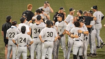 Wake Forest gather in the outfield after the loss to Tennessee in the NCAA college baseball Knoxville Regional final on June 2, 2025, in Knoxville, Tenn.
