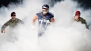 Tennessee Titans offensive tackle Peter Skoronski takes the field to begin the game against the Minnesota Vikings.