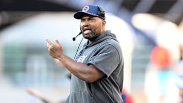 Oct 27, 2024; Foxborough, Massachusetts, USA; New England Patriots head coach Jerod Mayo calls a play against the New York Jets during the second half at Gillette Stadium. Mandatory Credit: Brian Fluharty-Imagn Images