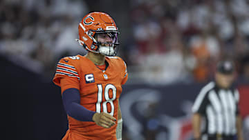 Sep 15, 2024; Houston, Texas, USA; Chicago Bears quarterback Caleb Williams (18) reacts after a play during the third quarter against the Houston Texans at NRG Stadium. Mandatory Credit: Troy Taormina-Imagn Images