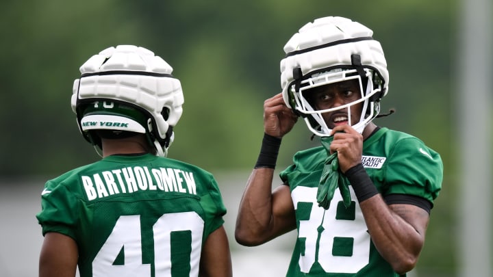 Jul 25, 2024; Florham Park, NJ, USA; New York Jets cornerback Shemar Bartholomew (40) and cornerback Myles Jones (38) talk during training camp at Atlantic Health Jets Training Center. Mandatory Credit: John Jones-USA TODAY Sports