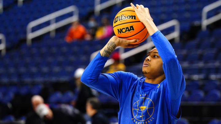 Mar 16, 2023; Greensboro, NC, USA; Pittsburgh Panthers guard Greg Elliott (3) takes a shot during a practice round for the NCAA Tournament first round at Greensboro Coliseum. Mandatory Credit: John David Mercer-USA TODAY Sports