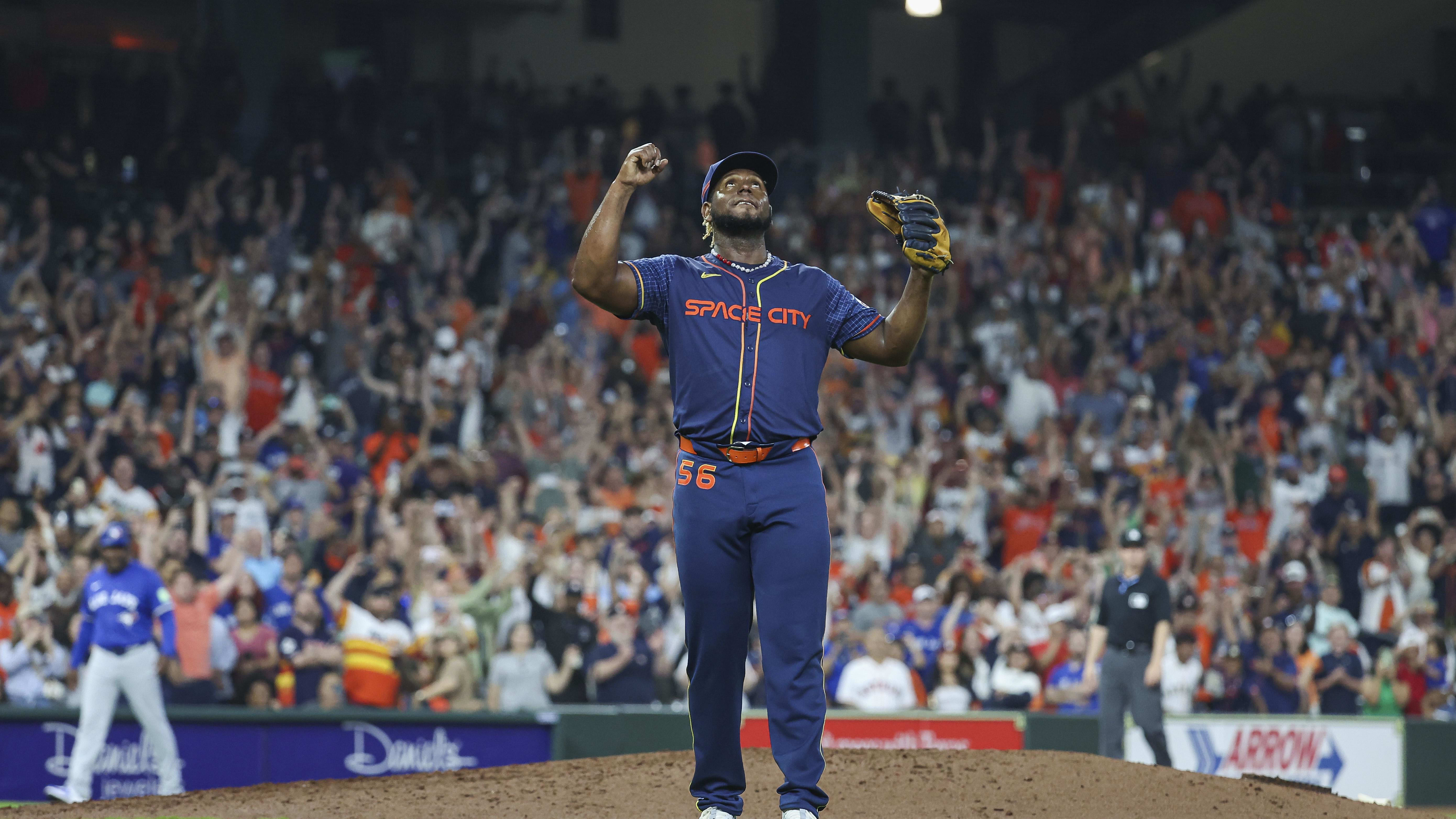 Apr 1, 2024; Houston, Texas, USA; Houston Astros starting pitcher Ronel Blanco (56) reacts after throwing a no-hitter.