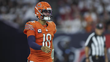 Sep 15, 2024; Houston, Texas, USA; Chicago Bears quarterback Caleb Williams (18) reacts after a play during the third quarter against the Houston Texans at NRG Stadium.