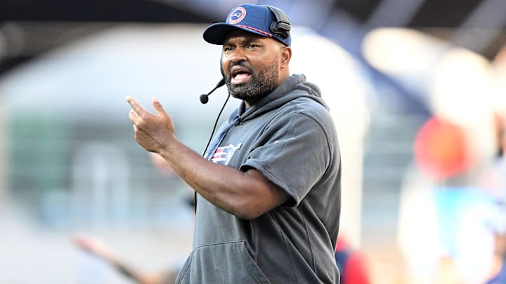 New England Patriots head coach Jerod Mayo calls a play against the New York Jets during the second half at Gillette Stadium.