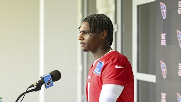 Tennessee Titans quarterback Cam Ward (1) talks with reporters after his first day of rookie mini camp Tennessee Titans quarterback Cam Ward (1) talks with reporters after his first day of rookie mini camp