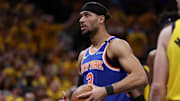 May 31, 2025; Indianapolis, Indiana, USA; New York Knicks guard Josh Hart (3) reacts in the third quarter during game six of the eastern conference finals against the Indiana Pacers for the 2025 NBA Playoffs at Gainbridge Fieldhouse. 