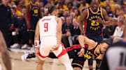 Apr 28, 2025; San Francisco, California, USA; Houston Rockets forward/guard Dillon Brooks (9) and Golden State Warriors guard Stephen Curry (30) during the second quarter of game four of the 2025 NBA Playoffs first round at Chase Center. Mandatory Credit: Kelley L Cox-Imagn Images