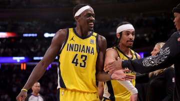 May 19, 2024; New York, New York, USA; Indiana Pacers forward Pascal Siakam (43) and guard Andrew Nembhard (2) celebrate with teammates during the fourth quarter of game seven of the second round of the 2024 NBA playoffs against the New York Knicks at Madison Square Garden. Mandatory Credit: Brad Penner-USA TODAY Sports