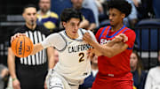 Feb 26, 2025; Berkeley, California, USA; California Golden Bears guard Andrej Stojakovic (2) dribbles against SMU Mustangs guard AJ George (10) in the second half at Haas Pavilion. Mandatory Credit: Eakin Howard-Imagn Images