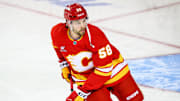 Calgary Flames center Justin Kirkland skates during the warmup period against the Chicago Blackhawks.