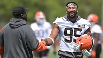 Jun 10, 2025; Berea, OH, USA; Cleveland Browns defensive end Myles Garrett (95) during minicamp at CrossCountry Mortgage Campus. Mandatory Credit: Ken Blaze-Imagn Images