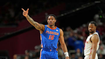 Apr 7, 2025; San Antonio, TX, USA; Florida Gators guard Alijah Martin (15) reacts after a play against the Houston Cougars during the second half of the national championship game of the Final Four of the 2025 NCAA Tournament at the Alamodome. Mandatory Credit: Bob Donnan-Imagn Images
