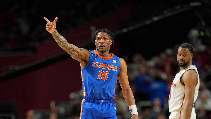 Apr 7, 2025; San Antonio, TX, USA; Florida Gators guard Alijah Martin (15) reacts after a play against the Houston Cougars during the second half of the national championship game of the Final Four of the 2025 NCAA Tournament at the Alamodome. Mandatory Credit: Bob Donnan-Imagn Images