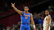 Apr 7, 2025; San Antonio, TX, USA; Florida Gators guard Alijah Martin (15) reacts after a play against the Houston Cougars during the second half of the national championship game of the Final Four of the 2025 NCAA Tournament at the Alamodome. Mandatory Credit: Bob Donnan-Imagn Images