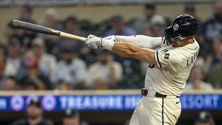 Sep 16, 2025; Minneapolis, Minnesota, USA; Minnesota Twins designated hitter Trevor Larnach (9) hits a solo home run against the New York Yankees in the ninth inning at Target Field. Mandatory Credit: Jesse Johnson-Imagn Images